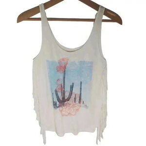 Hollister Off White Cactus Embroidered Fringe Tank Top Western Festival Size S